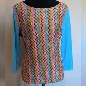 Rainbow Vibrant Zigzag Blouse with Sky Blue Sleeves
